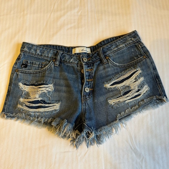 KanCan Pants - KanCan 3 Inch Blue Distressed Jean Shorts with Frayed Hem